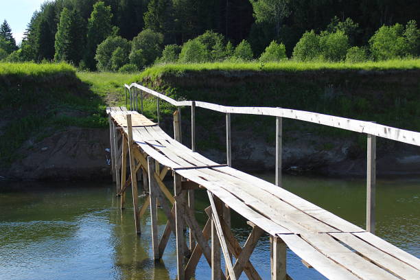 Small wooden pedestrian bridge across the river