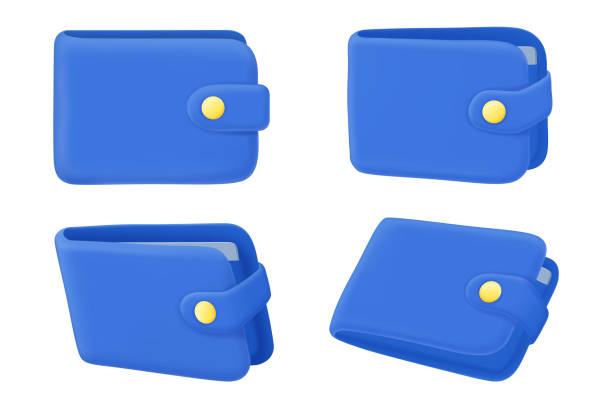Blue wallet Realistic icon set. 3d render vector illustration in cartoon style isolated Blue wallet Realistic icon set. Business Financial accessory for carrying banknotes. Credit card storage. Shopping purse with clasp. 3d render vector illustration in cartoon style isolated leather clasp stock illustrations
