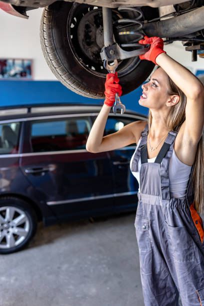 istock A Mechanic Woman is Working Underside a Car Using a Mechanic Equipment. 1371041846