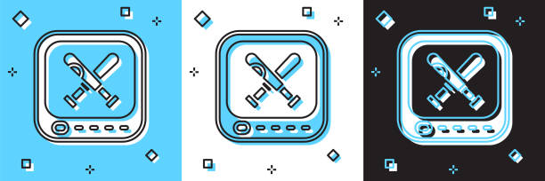 Set Monitor with baseball ball and bat on the screen icon isolated on blue and white, black background. Online baseball game. Vector Set Monitor with baseball ball and bat on the screen icon isolated on blue and white, black background. Online baseball game. Vector. baseball-scorecard stock illustrations