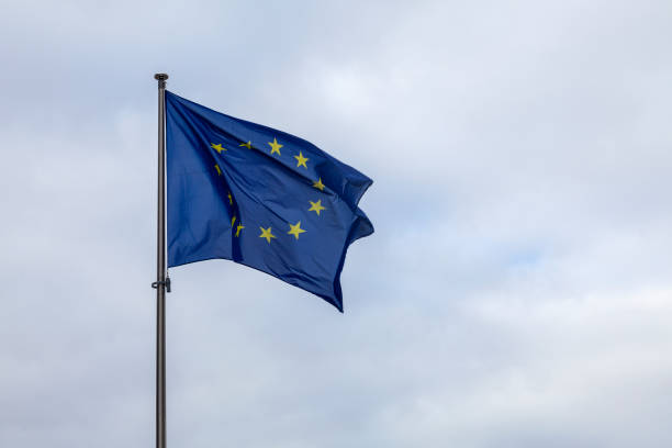 The flag of the European Union flutters in the wind against a cloudy sky The flag of the European Union flutters in the wind against a cloudy sky. law european community european union flag global communications stock pictures, royalty-free photos & images