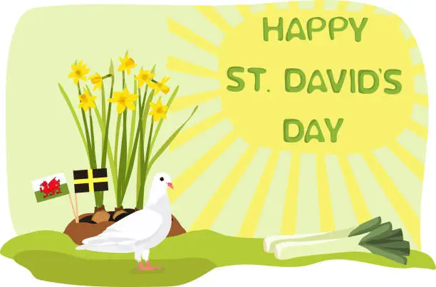 Vector illustration of St davids day. Leek, daffodil and flag. Vector illustration.