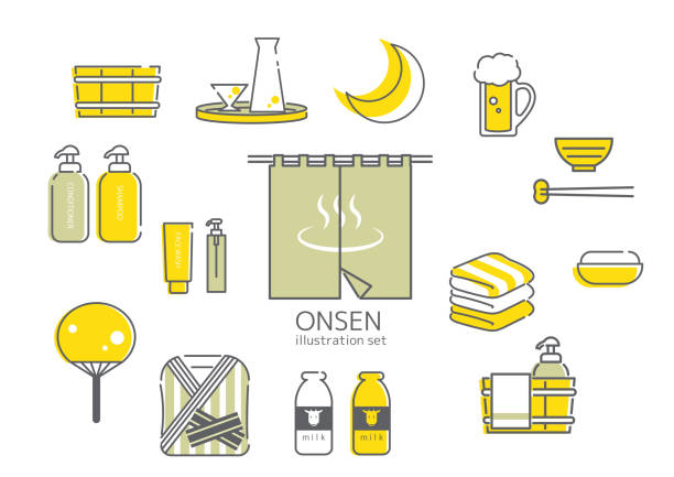 ilustraciones, imágenes clip art, dibujos animados e iconos de stock de aguas termales tradicionales japonesas, artículos onsen - baños térmicos
