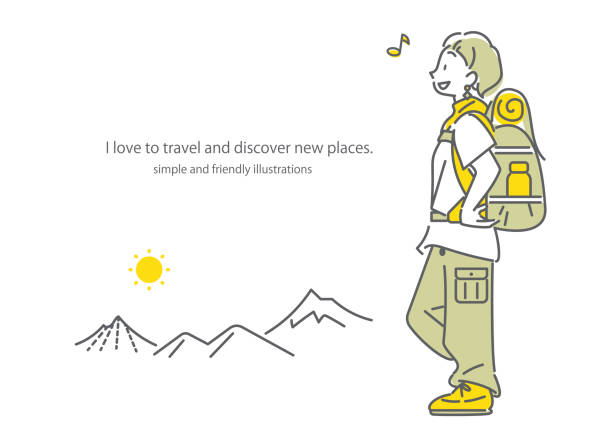 ilustraciones, imágenes clip art, dibujos animados e iconos de stock de backpacker girl, ilustración de línea - travel destinations mountain hiking profile