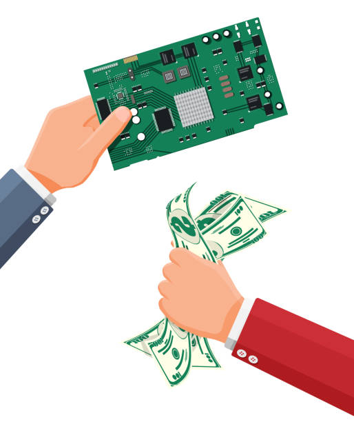 illustrations, cliparts, dessins animés et icônes de main de l’acheteur avec de l’argent et main avec micropuce. - computer chip cpu computer semiconductor