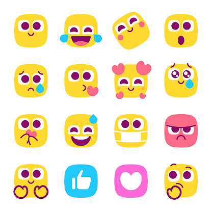 Vector illustration of a collection of cute essential emoticons. Cut out design elements on a transparent background on the vector file and global colors. To be used in a myriad of design projects such as social media, online messaging, human emotions and relationships and customer focused and experience ideas and concepts.