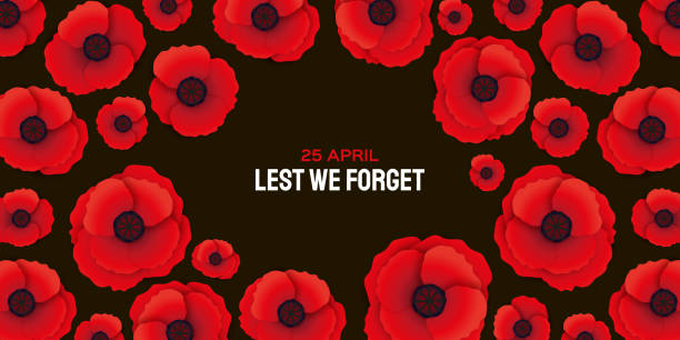 Anzac day with Bright Red Poppy flower in paper cut style. Lest we forget. National Day of Remembrance in Australia and New Zealand. April 25. Space for text. Anzac day with Bright Red Poppy flower in paper cut style. Lest we forget. National Day of Remembrance in Australia and New Zealand. April 25. Space for text. Vector red poppy stock illustrations