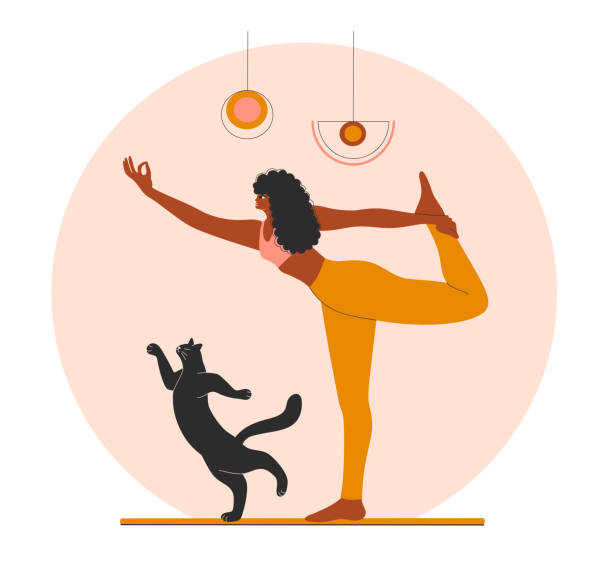 ilustraciones, imágenes clip art, dibujos animados e iconos de stock de mujer afroamericana haciendo yoga en casa con su lindo gato. - entrenador personal