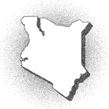 Map of Kenya draw with the stippling technique. Beautiful and trendy illustration created only with dots and isolated on a blank background. White map with dotted black outline and dark shadow. White background with a stippled circular gradient. (colors used: black and white). Vector Illustration (EPS10, well layered and grouped). Easy to edit, manipulate, resize or colorize. Vector and Jpeg file of different sizes.