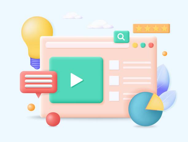 istock Digital screen with media and social marketing elements, concept 3d vector Illustration. Video player, lightbulb, seo data analysis with chart, messages icon. Creative idea, business technology 1371054635