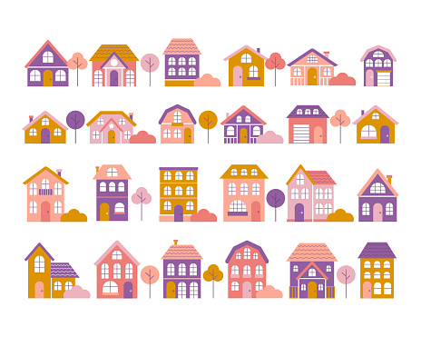 Big set of tiny houses with trees and bushes in flat style, small town, colorful facades.