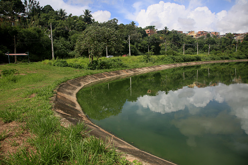 salvador, bahia, brazil - january 27: domestic sewage treatment pond in the neighborhood of Cajazeiras in the city of Salvador.