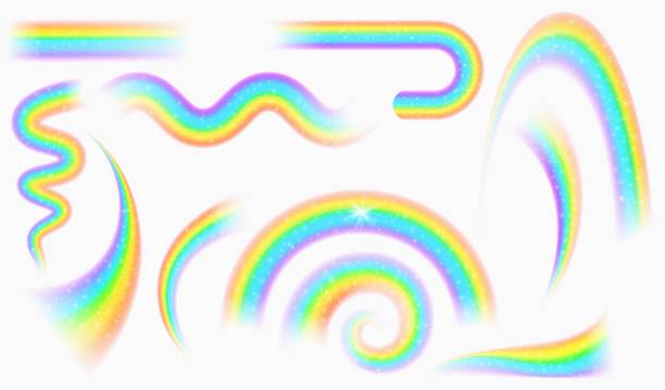 istock Realistic magic rainbow waves with stars and sparkle effect. Fantasy good luck rain arch. Rainbow colored shape, curve and spiral vector set 1371057390