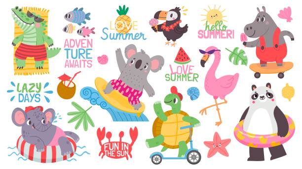 ilustrações de stock, clip art, desenhos animados e ícones de cartoon kid animal summer vacation activity at beach. koala surfer, flamingo and elephant swim on inflatable ring. tropical party vector set - swimming animal