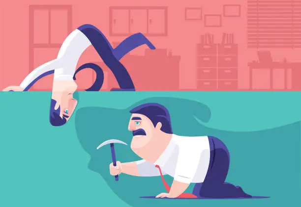 Vector illustration of businessman burying head underground in office and meeting boss