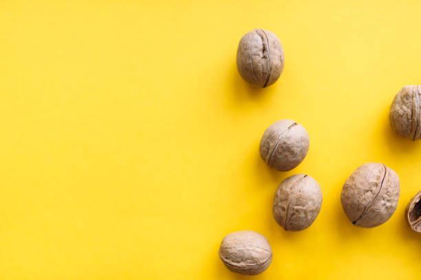 Several whole walnuts on a bright yellow background, close-up, flat lay stock photo