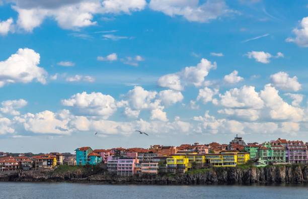 Seascape with colorful houses stock photo