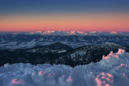 view of the Western Tatras during sunset from Chopok in the Low Tatras