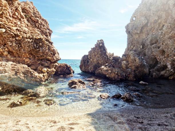 Rocky cliffs in the Mediterranean sea beach.