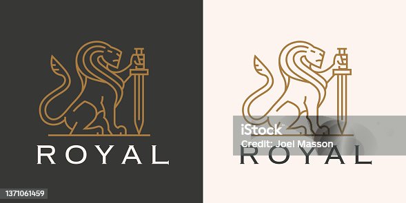istock Royal lion sword line icon 1371061459