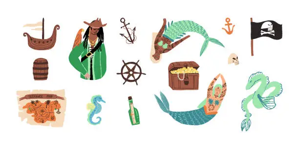 Vector illustration of Pirate, sea monster and tattooed mermaids big graphic collection. An adventure map and an old ship, a pirate flag, a trunk box with treasure, a skull, a steering wheel, a sea horse and other fairy tale attributes.