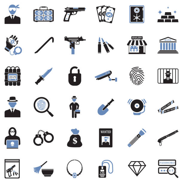 ilustrações, clipart, desenhos animados e ícones de ícones de roubo. dois tons de design plano. ilustração vetorial. - crime flashlight detective symbol