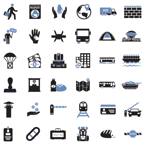Refugee Icons. Two Tone Flat Design. Vector Illustration. Wire, Bus, People bus borders stock illustrations