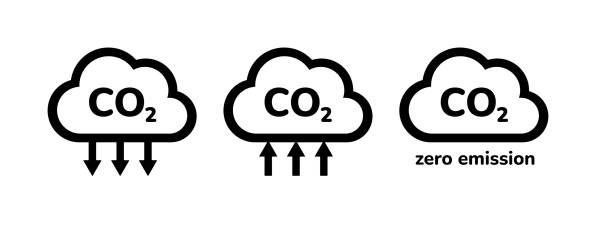 stockillustraties, clipart, cartoons en iconen met co2 emission reduction icon set. zero carbon footprint black silhouette sign, co2 neutral, ecology environment air pollution protection concept. carbon offset co2 gas cloud vector illustration set. - co2