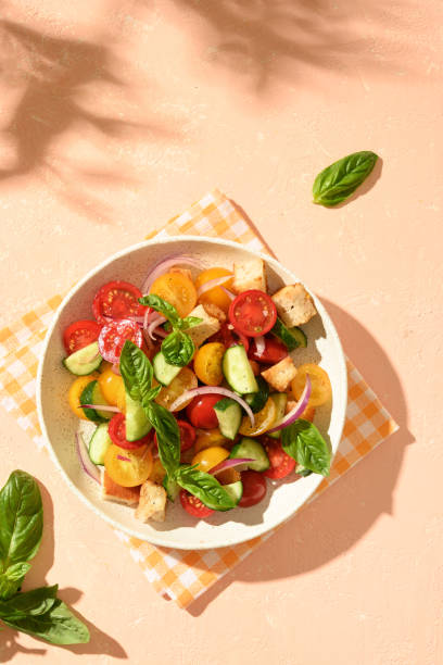 Tuscan Panzanella with tomatoes and bread. Top view.