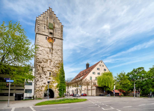 Ravensburg in summer, Baden-Wurttemberg, Germany, Europe. View of medieval Frauentor and Gruner towers, historical landmarks of city. Old buildings in Ravensburg downtown. Travel in Germany concept.