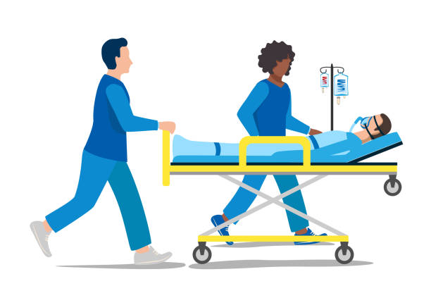 Ambulance Two paramedics are assisting a patient. The patient is connected to a ventilator. Thank you doctors and nurses. Urgent hospitalization. Vector illustration. paramedic stock illustrations