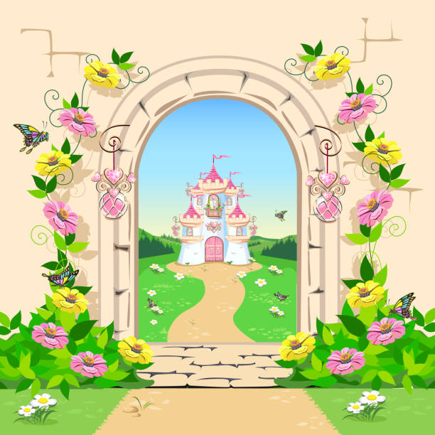 Door to a fairy tale Open door to fairyland with princess castle. Vector illustration of fairy tale architecture. fairy door fairy tale antique stock illustrations