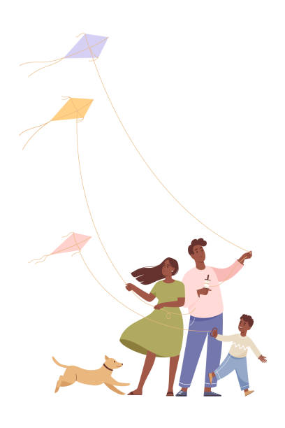 bildbanksillustrationer, clip art samt tecknat material och ikoner med family flying a kite - flying kite