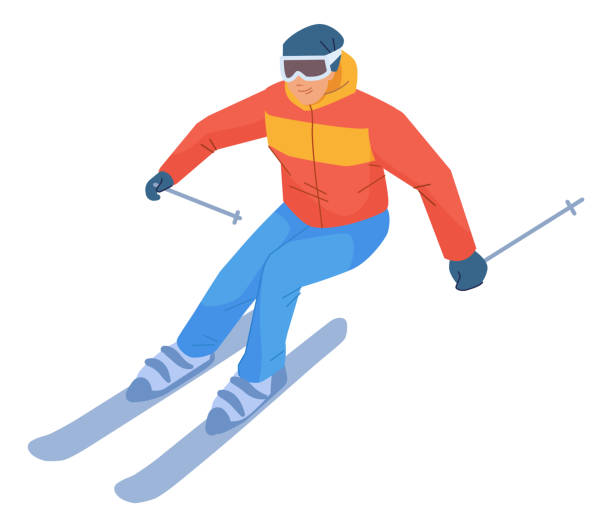 ilustraciones, imágenes clip art, dibujos animados e iconos de stock de hombre esquiando. deporte de temporada de invierno. actividad divertida al aire libre - freeride