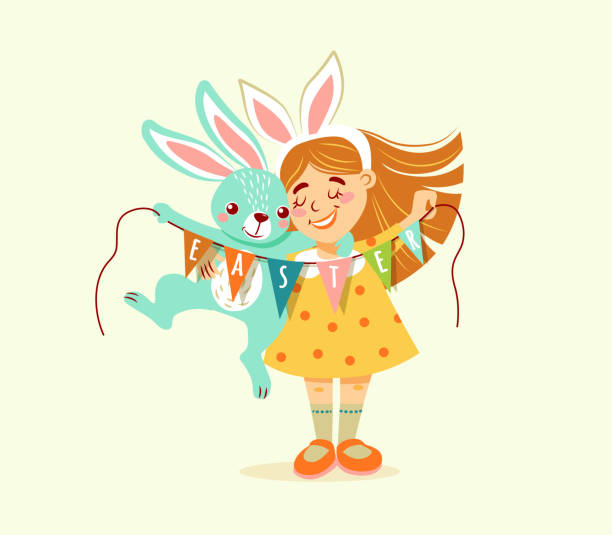istock a girl with a decoration on her head - with bunny ears, holds a bunny and earth with flags with the inscription - easter. 1371070776