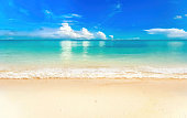 istock Blue summer sky, white clouds reflected in turquoise clear water ocean. 1371072281