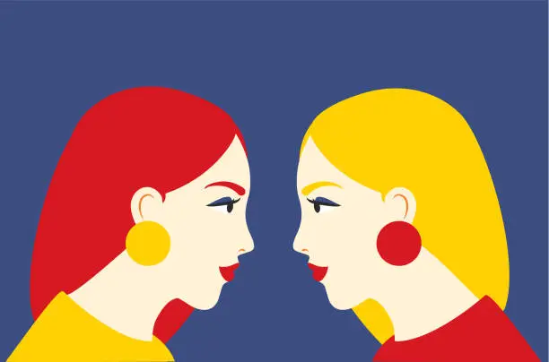 Vector illustration of Vector banner with two Women looking at each other. Female face profiles
