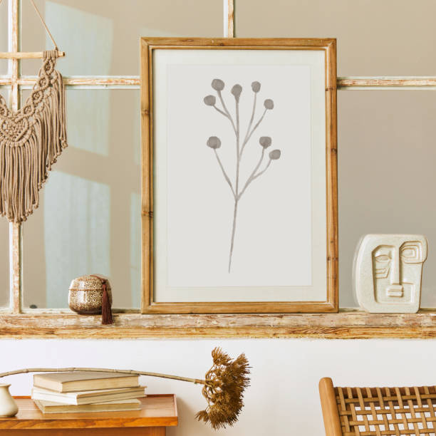 istock Unique living room in modern style interior with design decoration, mock up poster frames on the old window, book and elegant pesronal accessories in home decor. Template. 1371074464