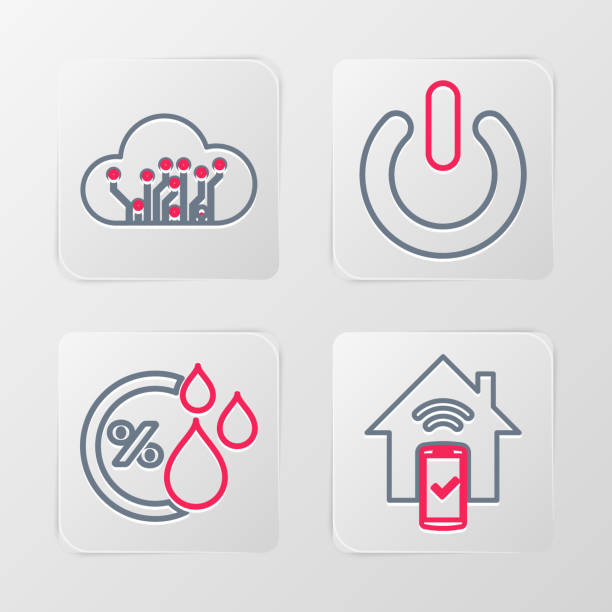 illustrations, cliparts, dessins animés et icônes de définir la ligne système de télécommande de la maison intelligente, humidité, bouton d’alimentation et icône de l’internet des objets. vecteur - symbol house computer icon icon set