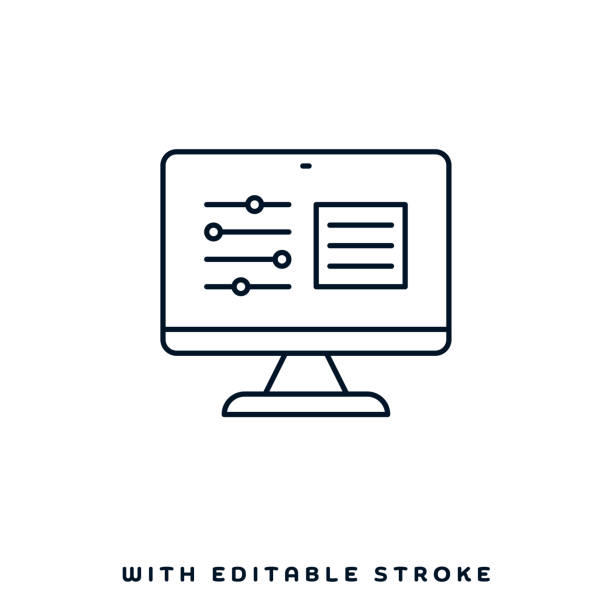 Web Developer Line Icon Design Web developer concept graphic design can be used as icon representations. The vector illustration is line style, pixel perfect, suitable for web and print with editable linear strokes. computer programming desk stock illustrations