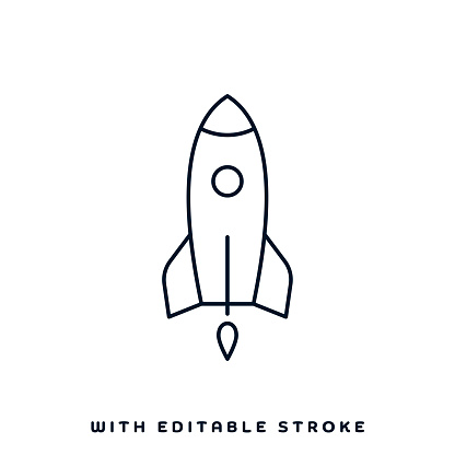 Rocket take-off concept graphic design can be used as icon representations. The vector illustration is line style, pixel perfect, suitable for web and print with editable linear strokes.