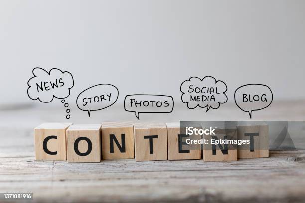 Content Wording On Wooden Cubes With Speech Bubbles Stock Photo - Download Image Now