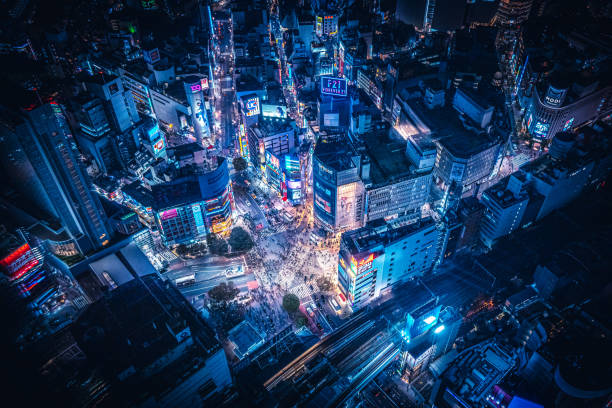 shibuya - city night cityscape aerial view стоковые фото и изображения