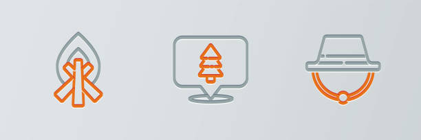 istock Set line Camping hat, Campfire and Location of the forest icon. Vector 1371082341