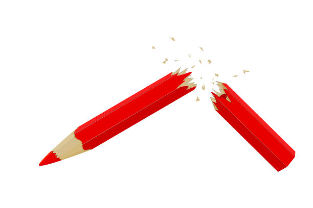 Broken pencil isolated on white background. Break wood pen. Snapped red pencil with scattered fragments. vector art illustration