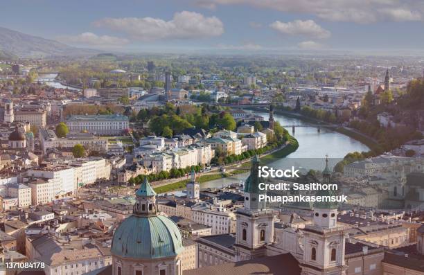 Panoramic View In A Spring Season Scene At A Historic City Of Salzburg With Salzach River In Beautiful Golden Evening Light Sky At Sunset Salzburger Land Austria Stock Photo - Download Image Now