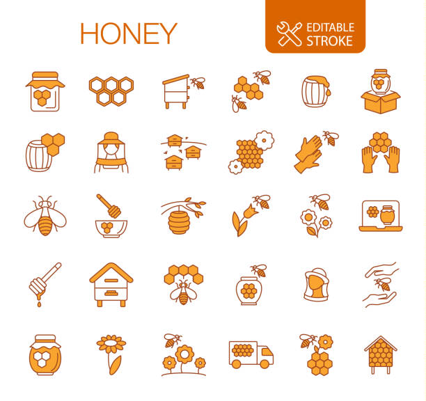 honey icons set bearbeitbare kontur - worker bees stock-grafiken, -clipart, -cartoons und -symbole