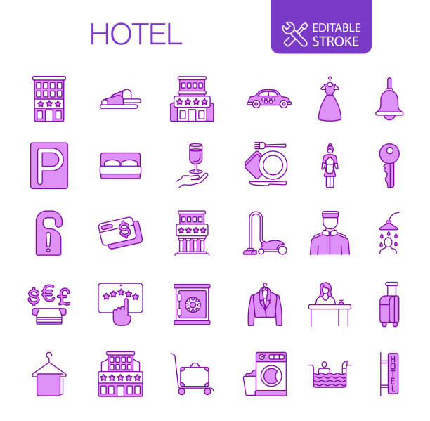Hotel Line Icons Set Editable Stroke Hotel line icons set. Editable stroke. Vector illustration. Purple color.

You can find more unique icon sets at the link: https://www.istockphoto.com/collaboration/boards/qUfvBxVnEU64XaERvnM_Fw airport porter stock illustrations