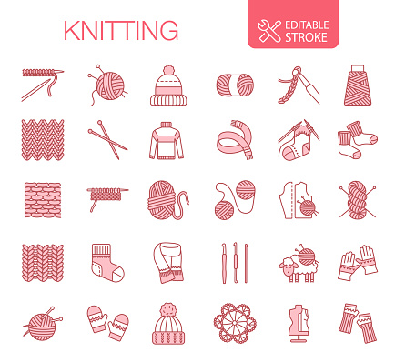Knitting icons set. Editable stroke vector illustration. Red color. 

You can find more unique icon sets at the link: https://www.istockphoto.com/collaboration/boards/qUfvBxVnEU64XaERvnM_Fw