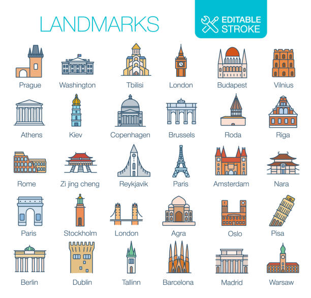ikony punktów orientacyjnych ustaw edytowalny obrys - international landmark stock illustrations
